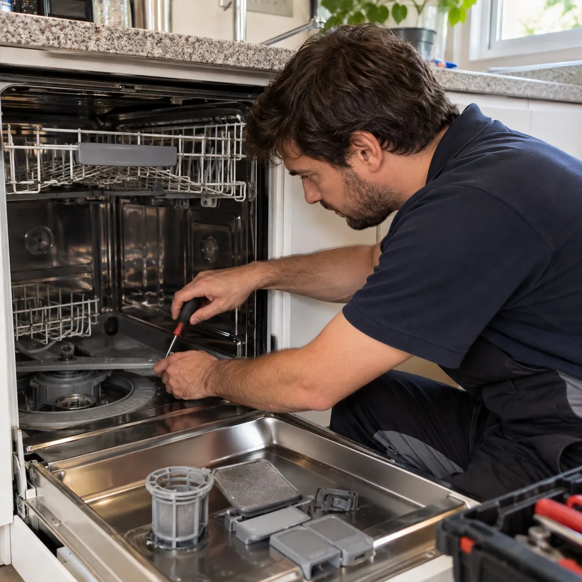 Técnico de ServiMax ajustando el interior de un lavavajillas abierto con un destornillador