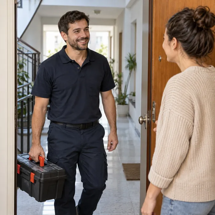 Técnico de ServiMax llegando a una casa con su caja de herramientas, recibido en la puerta